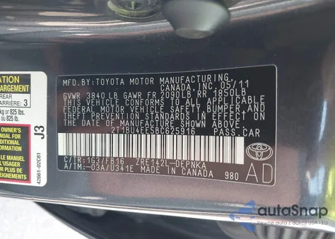 2011 Toyota Corolla Le из США, поврежденный, VIN 2T1BU4EE5BC625916